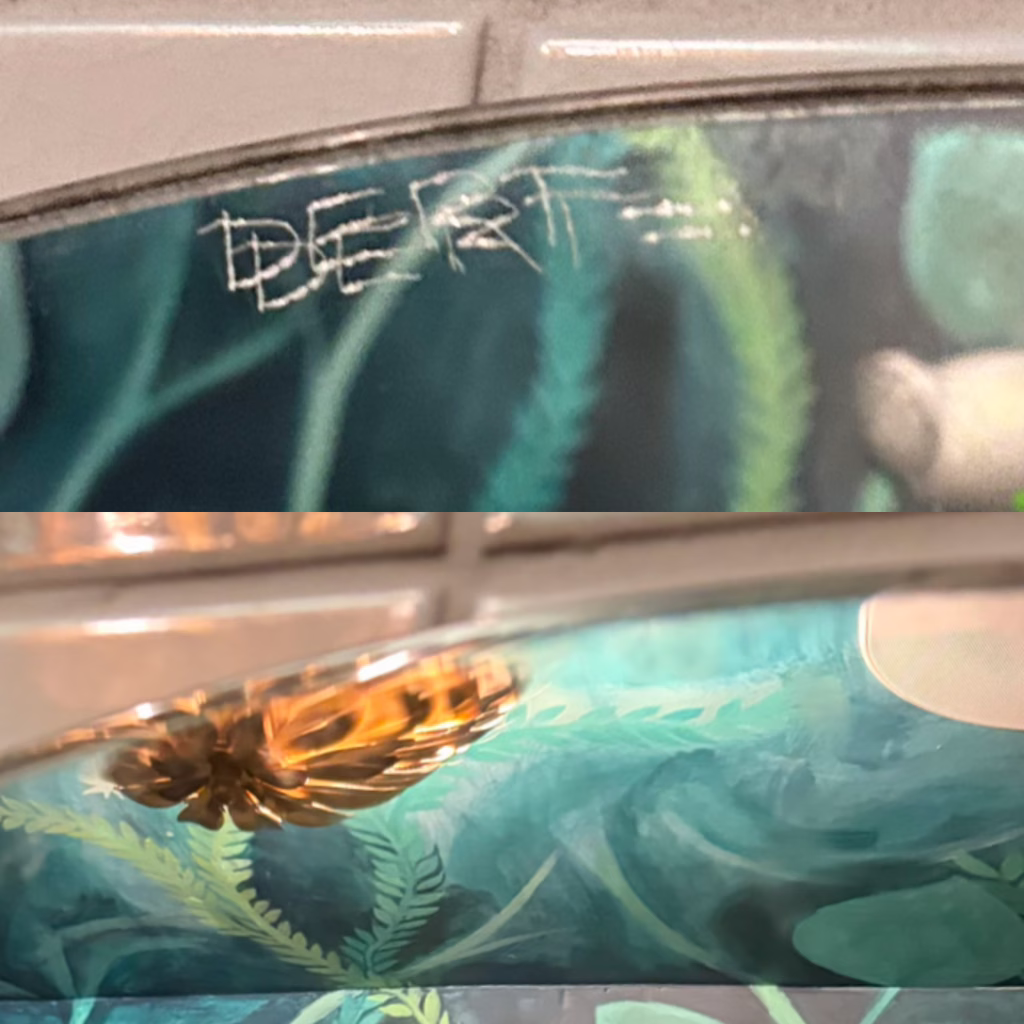 scratch graffiti on antique mirror and same mirror with scratch graffiti completely removed