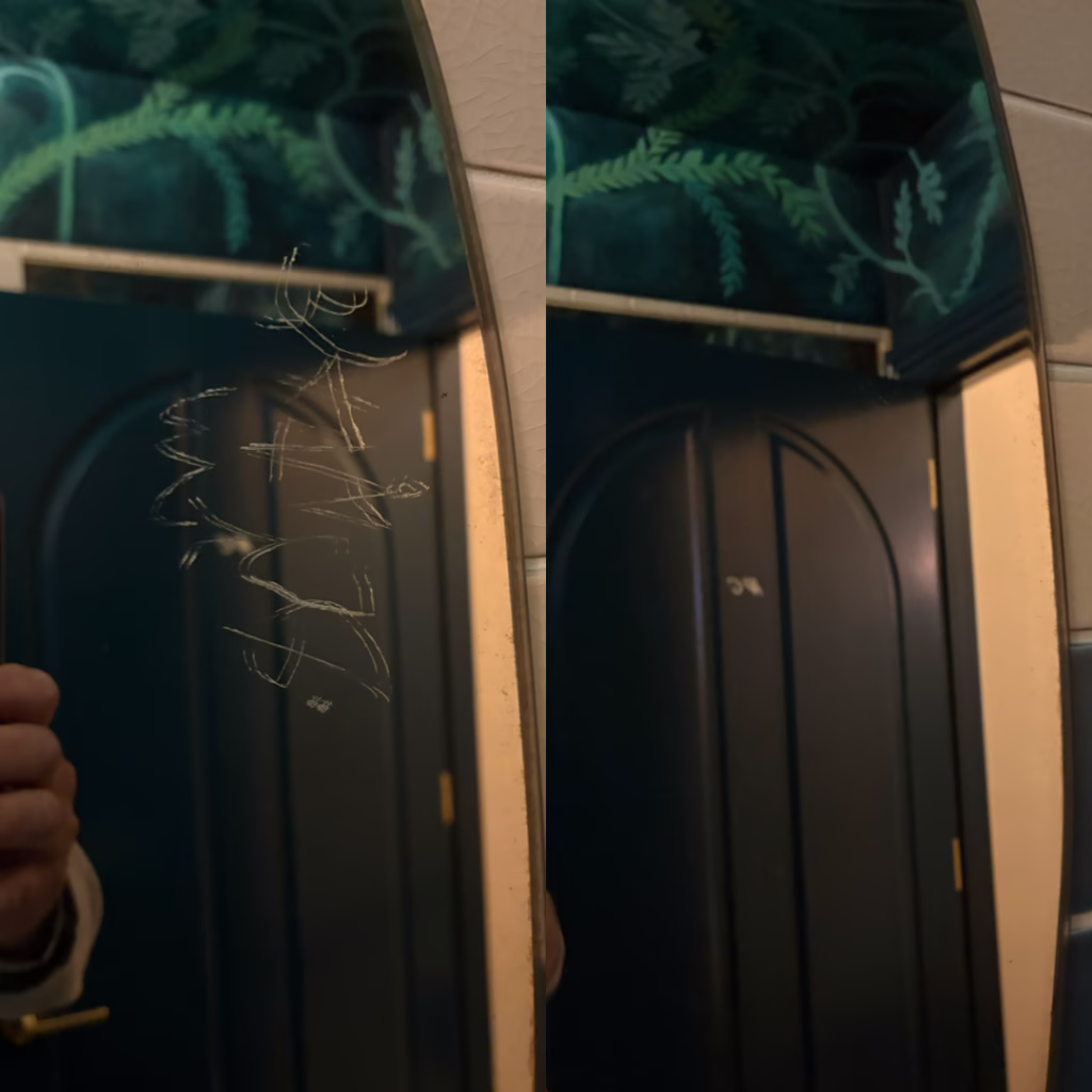 mirror before and after with deep scratch graffiti present on the left and the same mirror with no scratches visible to the right