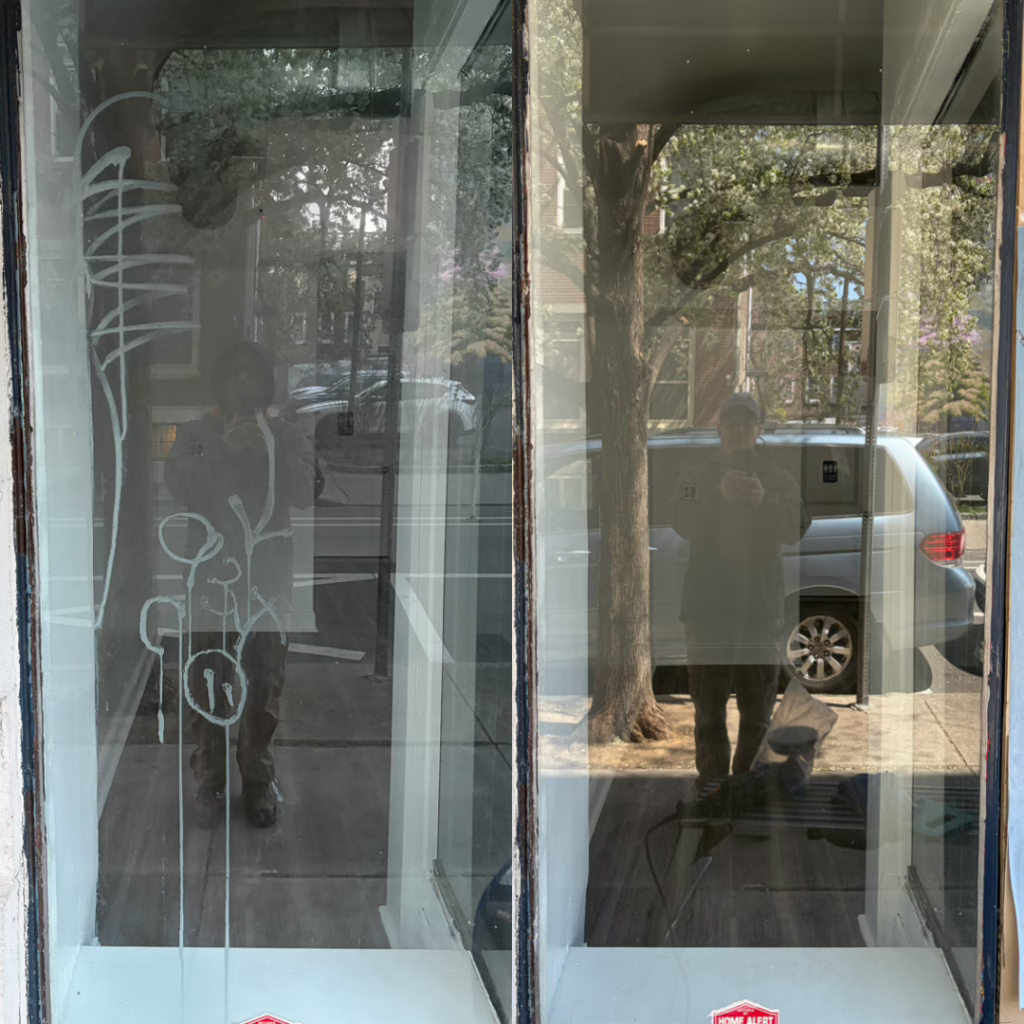 Before pic of 2 heavy acid etch graffiti tags present on glass next to an after pic of the same glass fully restored 